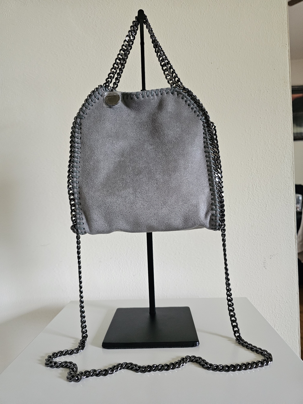 Gray Chain-Trim Suede Crossbody Bag